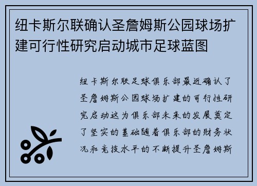 纽卡斯尔联确认圣詹姆斯公园球场扩建可行性研究启动城市足球蓝图